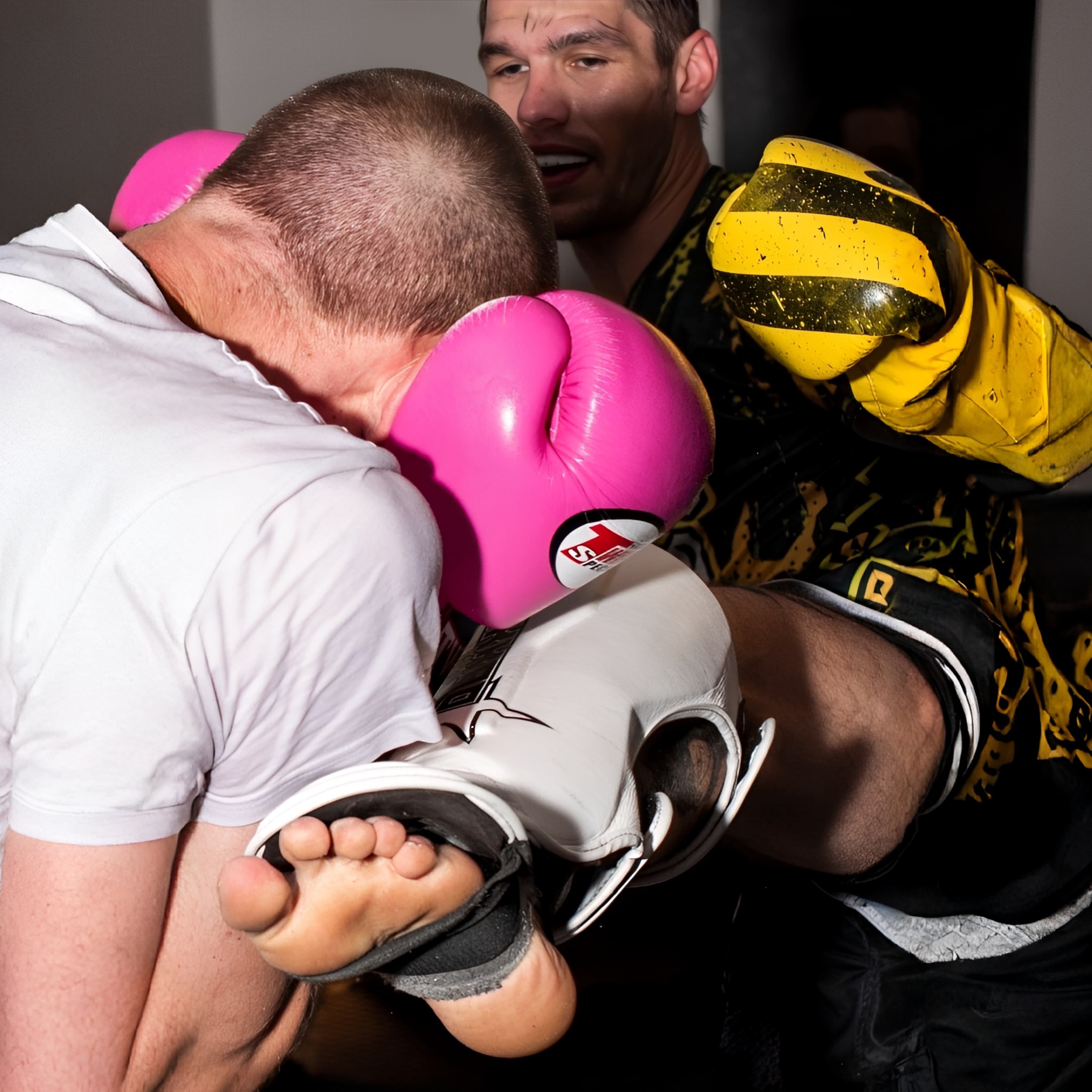 Nahaufnahme eines geblockten Tritts mit pinkem Boxhandschuh im Training